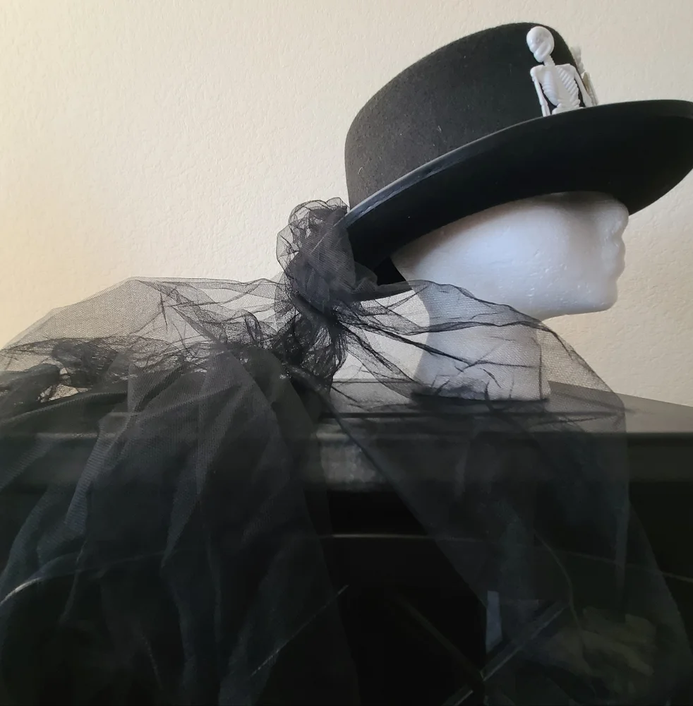 Steampunk Skeleton blk Top Hat W/ Long Veil Adult o/s